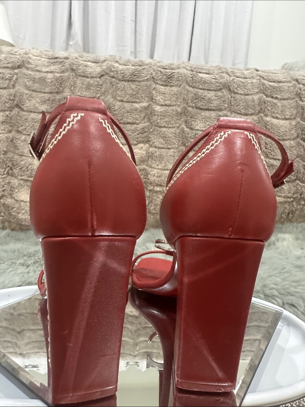 RARE DIOR C D logo Red T-Strap Block Heel dress shoes with white stitching 4’ - Picture 7 of 14